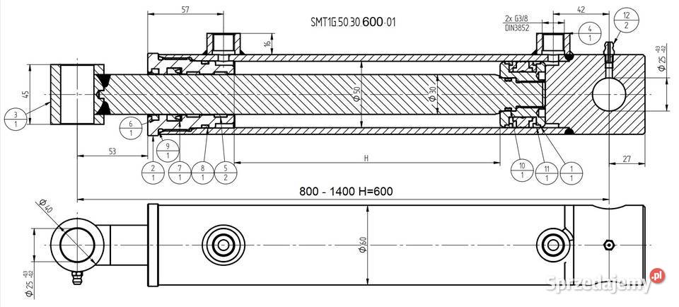 SIŁOWNIK HYDRAULICZNY TŁOK 50x30 SKOK 600 SMT1G Solec Kujawski sprzedam