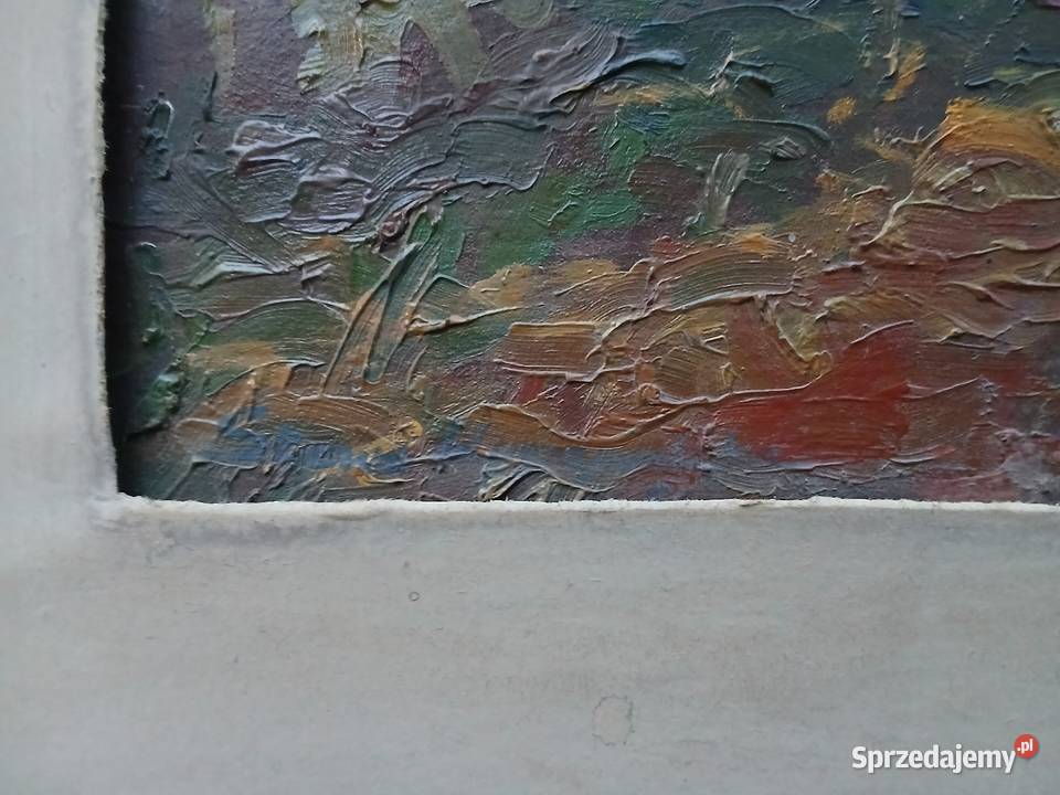 Stary obraz olejny drzewo sad las ZPAP 1953