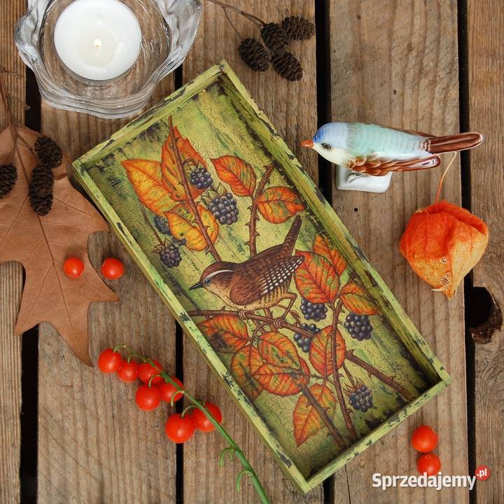 Drewniana tacka malowana ptak strzyżyk jeżyny Lublin sprzedam