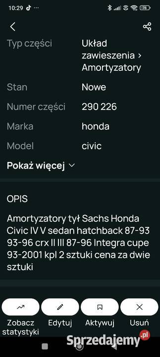 Amortyzatory tył Sachs Honda Civic lV V crx Iii Amortyzatory