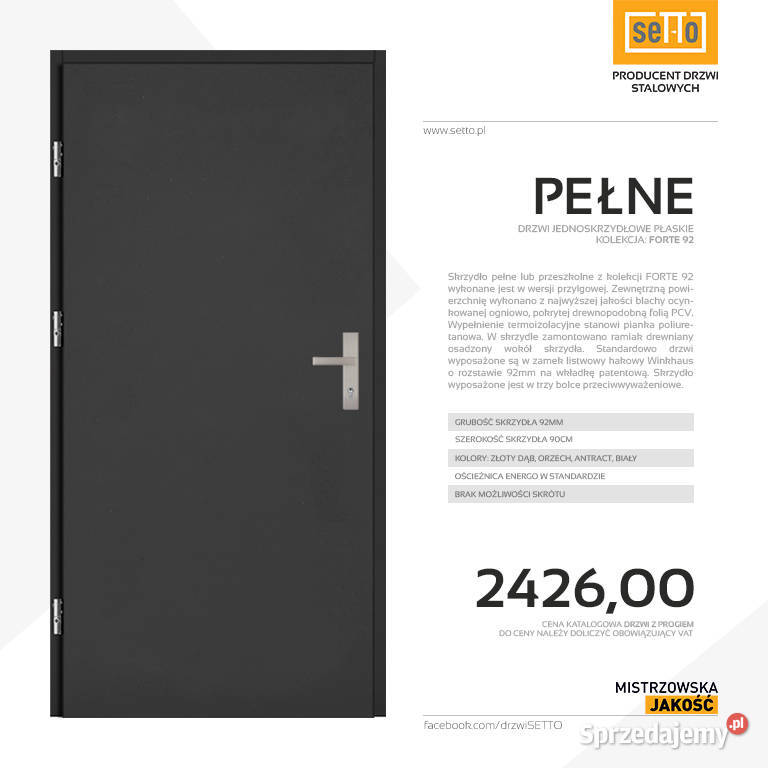 Drzwi zewnętrzne stalowe SETTO model PEŁNE 92