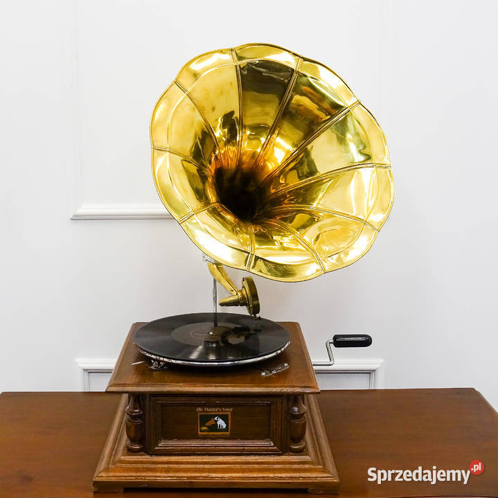 RETRO PATEFON HMV drewniana obudowa ZŁOTA TUBA