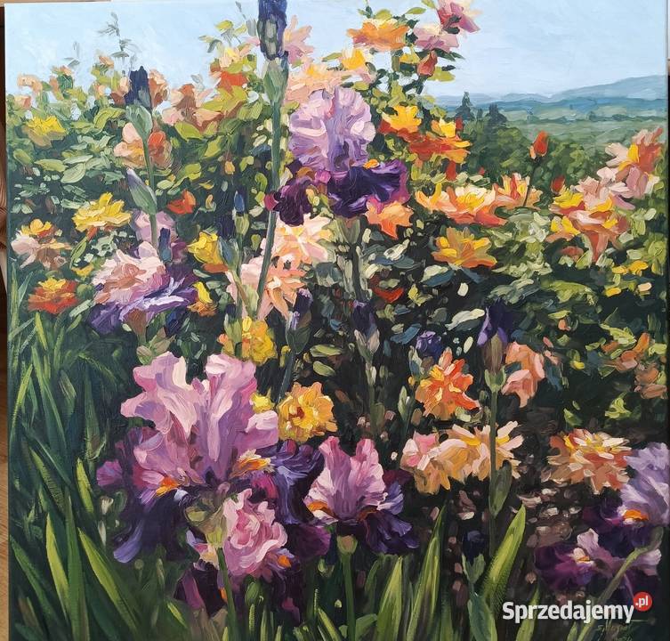 Obraz olejny kwiaty pejzaż irysy kosaćce Łęki Strzyżowskie