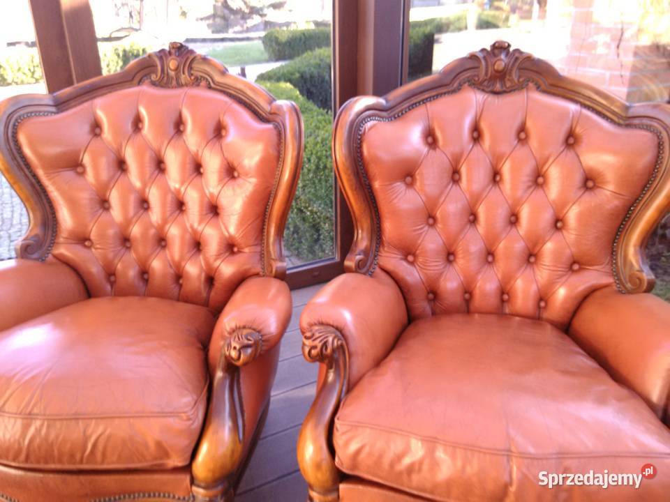 Fotele LudwikBarok Rzeźbione Skóra Antyk Stan Kluki