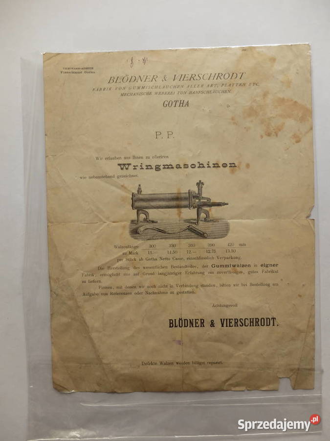 Stara reklama Wringmaschinen Gotha ok 1890 Kościan