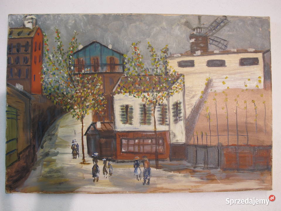 Obraz olejny na płótnie miasto drzewa ludzie Antyki, Sztuka, Kolekcje Olkusz