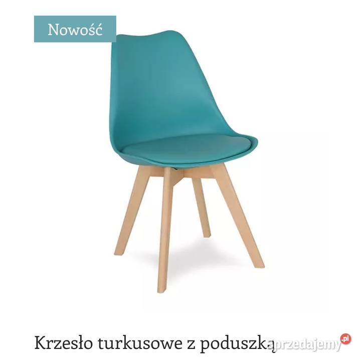 Krzesło turkusowe  z poduszka na drewnianych nogach