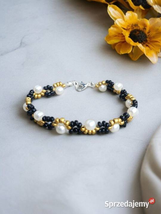 Bransoletka perłowa z czarno złotymi koralikami Sanok