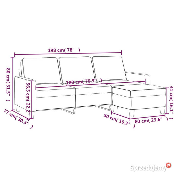 3osobowa sofa z podnóżkiem brązowy 180 tkaniną Warszawa