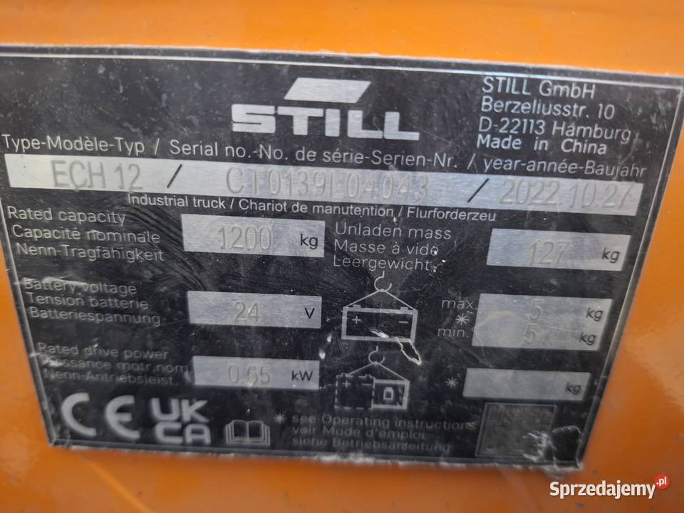 Paleciak elektryczny Still ECH 12 z 2022 roku dolnośląskie Targoszyn