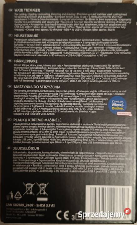 SILVERCREST SHCA 37 A1 TRYMER DO WŁOSÓW I BRODY Akcesoria do włosów Ełk