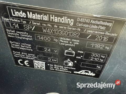 Linde L14SP wózek paletowy z masztem 34m 2016r Konin