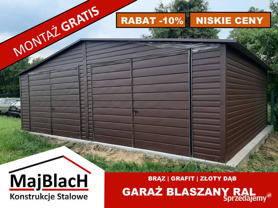 A209Duży Garaż Blaszany Brązowy 2 bramy uchylne Gryfice
