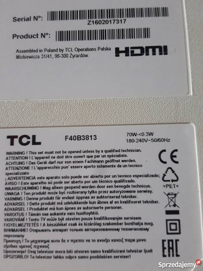 TCL 40B3813 zbita matryca Telewizory Sosnowiec sprzedam