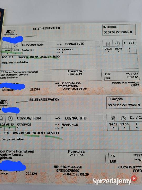 Bilety do Pragi 2 osob Intercity śląskie sprzedam