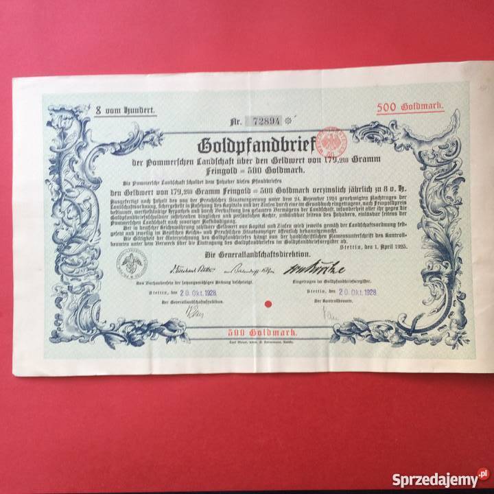 13 Papier wartościowy 500 goldmark zachodniopomorskie Szczecin