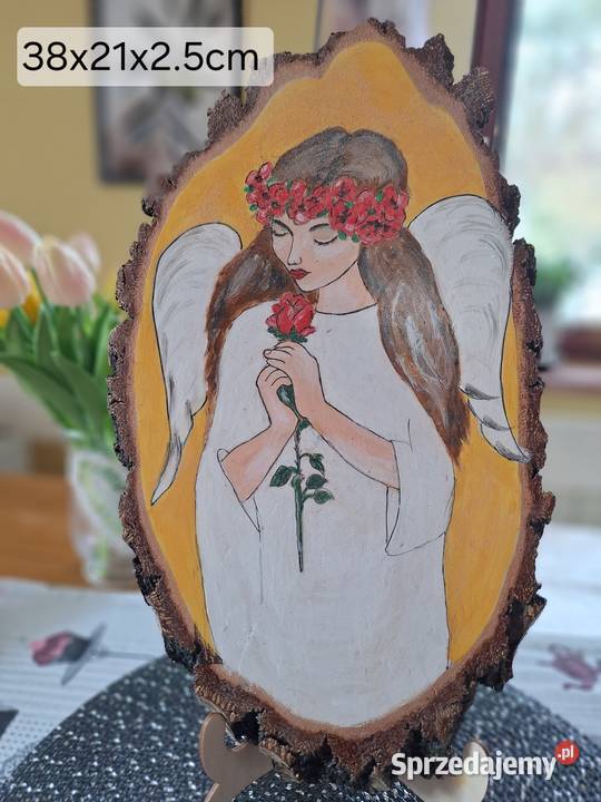 Obraz malowany ręcznie na plastrze brzozyAnioł z Strzyżów