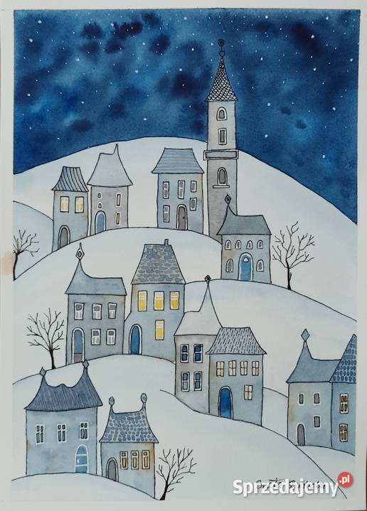 Akwarela Akwarelka Obraz pt Bajkowa Kraina Nocą Malarstwo