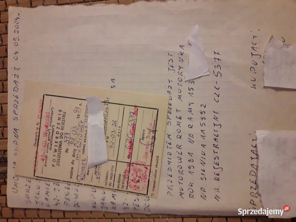 Dokumenty romet pony motorynka sprzedam