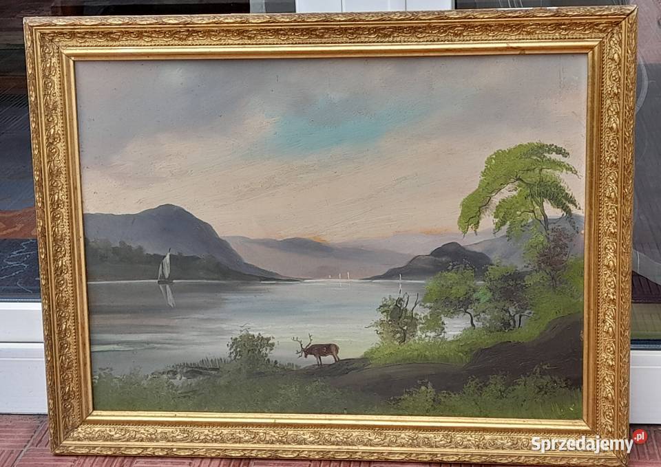 Pejzaż obraz olejny ozdobna złota rama Iłża