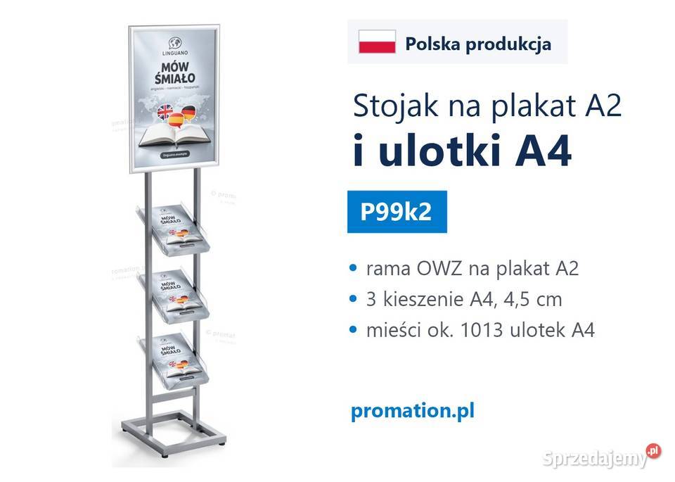 Srebrny stojak metalowy na foldery A4 i plakat Warszawa