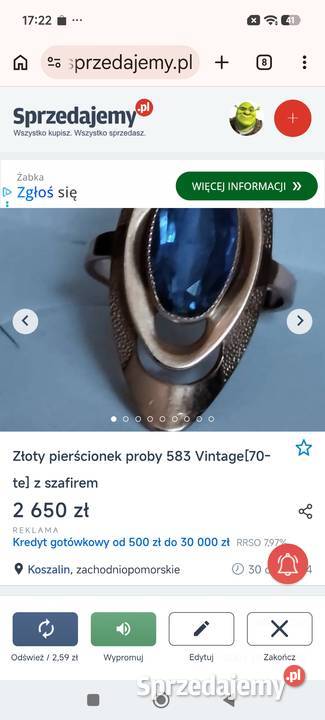 Złoty pierścionek proby 583 Vintage70te z Koszalin sprzedam