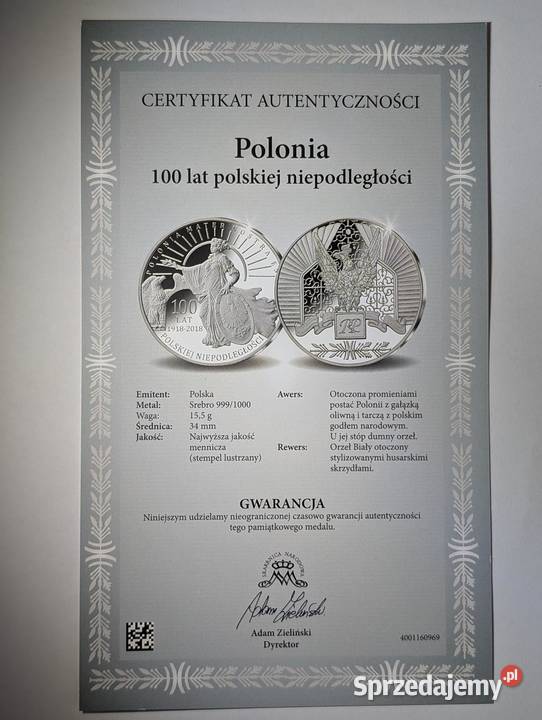Srebrny Medal Polonia 100 lat Niepodległości Ag Piła sprzedam