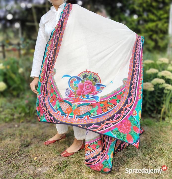 Duża chusta szal dupatta kwiaty folk bawełna Szczecin