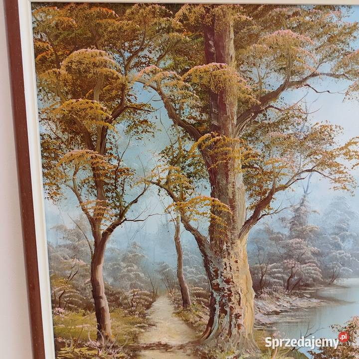 Obraz pejzaż ręcznie malowany w ramie sygnowany Wola Łużańska