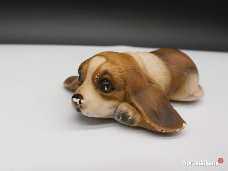 Stara ceramiczna figurka leżący piesek Basset Raszków