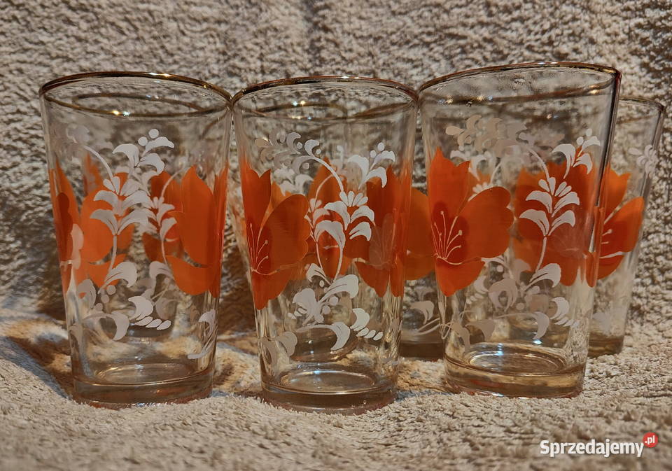 Vintage szklanki w kwiaty ze złotym rantem PRL 7 Lublin