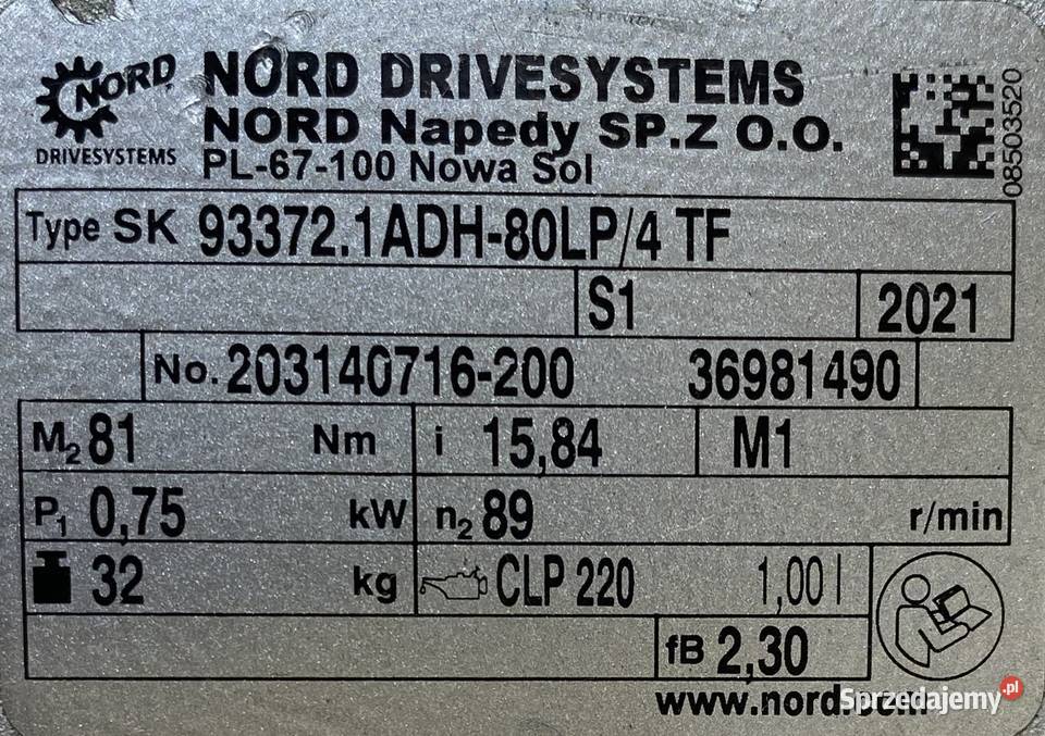 motoreduktor przekładnia 075kW 89obr 3fazowy Pigża sprzedam