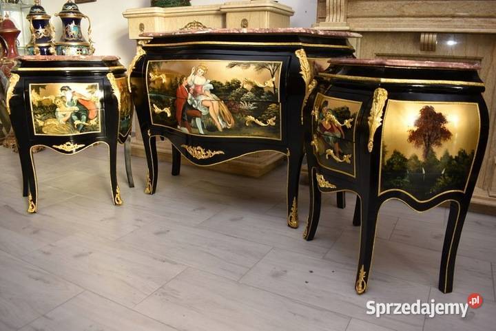 Trzy Królewskie Malowane Komody Blat Marmur 3 x