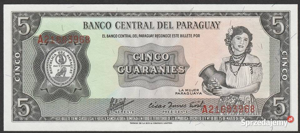 Paragwaj	5 guaranies 1952 A stan bankowy UNC Łódź sprzedam