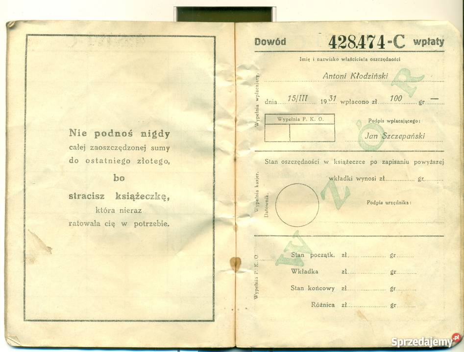 Książeczka wkładkowa PKO Kalisz 1 1932 428474C Antyki, Sztuka, Kolekcje Ostrów Wielkopolski