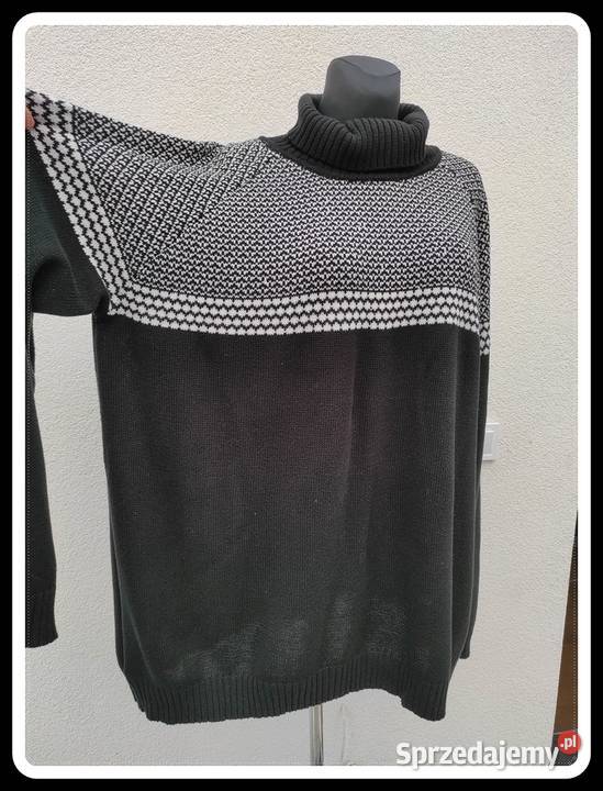 Gruby sweter czarny z białym wzorem golf na zimę Płock