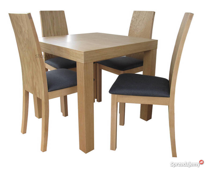 Dębowy kwadratowy stół rozkładany z 2 wkładami + 4 krzesła