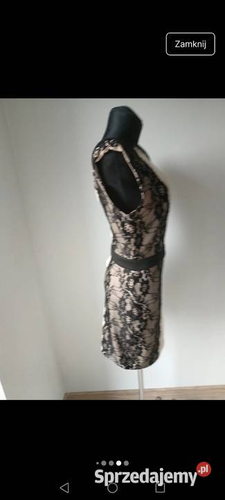 Beżowa Sukienka wyszywana czarną koronką kwiaty Ołówkowa  Krosno