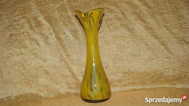 Piękny żółty wazon ze szkła artystycznego PRL Inowrocław