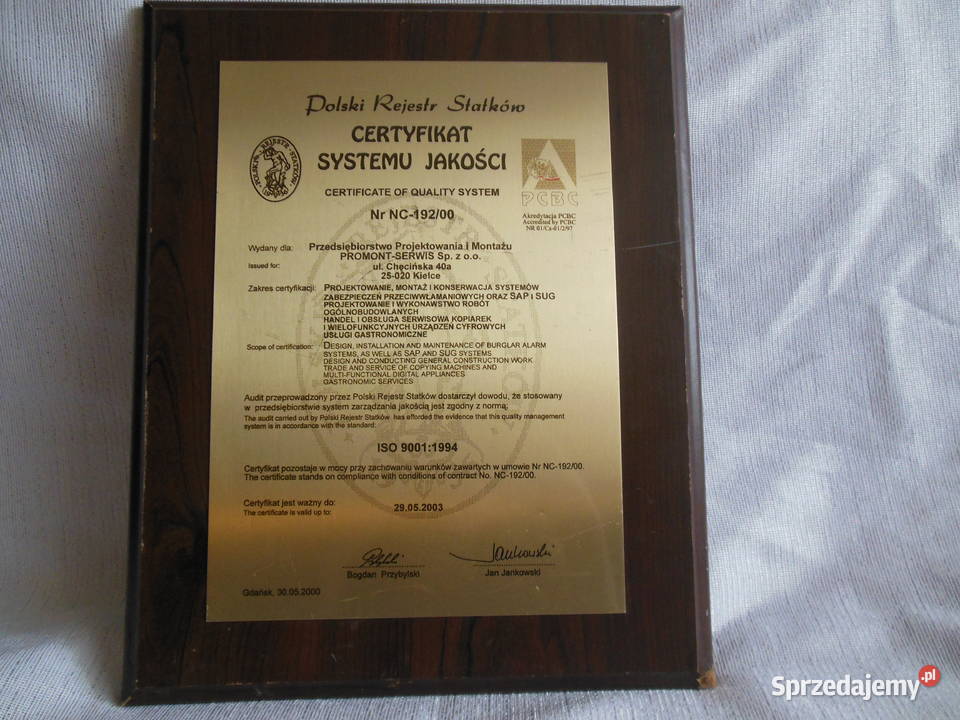 Certyfikat Systemu Jakości Polski Rejest Statków sprzedam