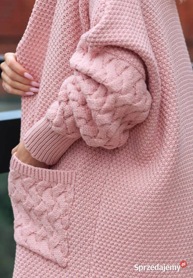 Długi Kardigan Oversize Plait PudrowoRóżowy Nowy Kawęczyn