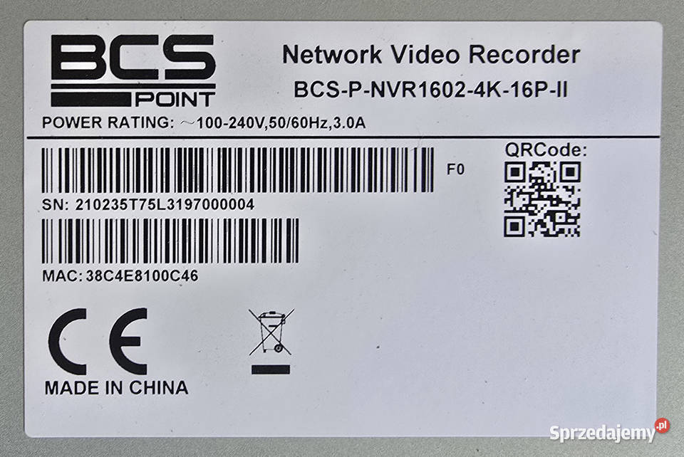 Rejestrator sieciowy BCS 16 kanalowy 4K BCS P Lubanie