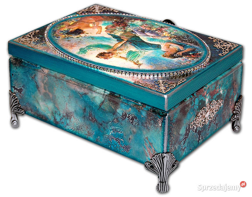 SZKATUŁKA drewniana NIMFY turkus srebro cyrkonie