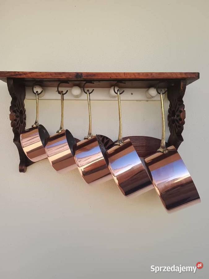 Miedziane garnki 5 sztuk i półeczka Rzeszów sprzedam