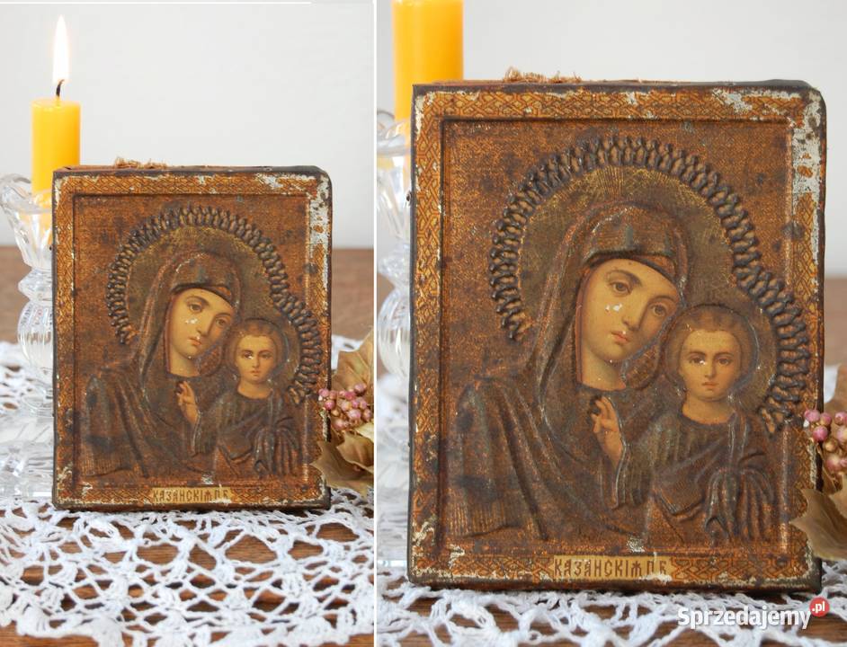 Matka Boża Kazańska stara ikona rosyjska antyk brązowy Dekoracje i ozdoby Lublin sprzedam