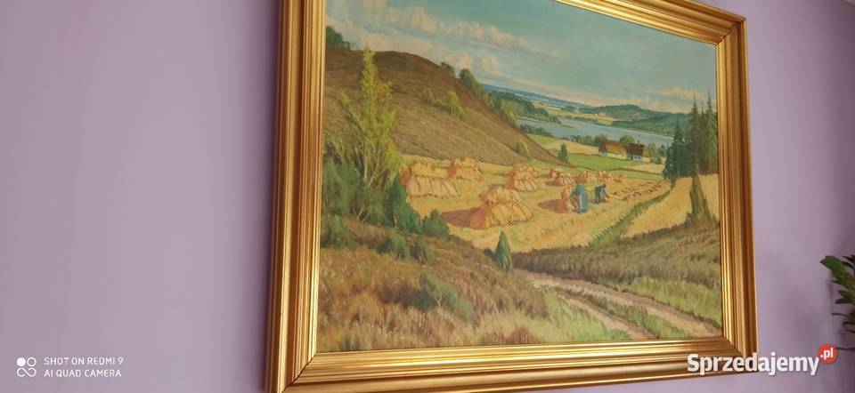 Duży olej na płótnie Wiejski pejzarz ŻNIWA w Malarstwo Warszawa sprzedam