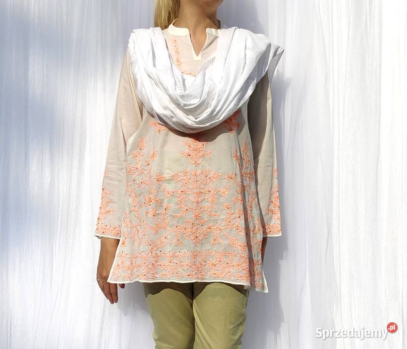 Duża chusta szal dupatta haftowana biała bawełna Dla kobiet Szczecin
