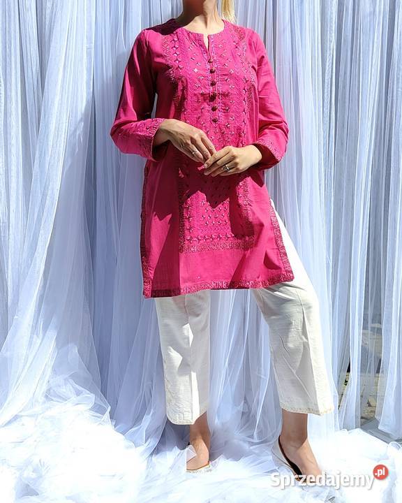 Różowa tunika boho XL 42 bawełna róż złoto haft długi Bluzki i koszule Szczecin