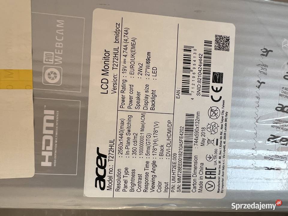 Acer T272HUL monitor dotykowy 27 WQHD 2560x1440 mazowieckie Warszawa