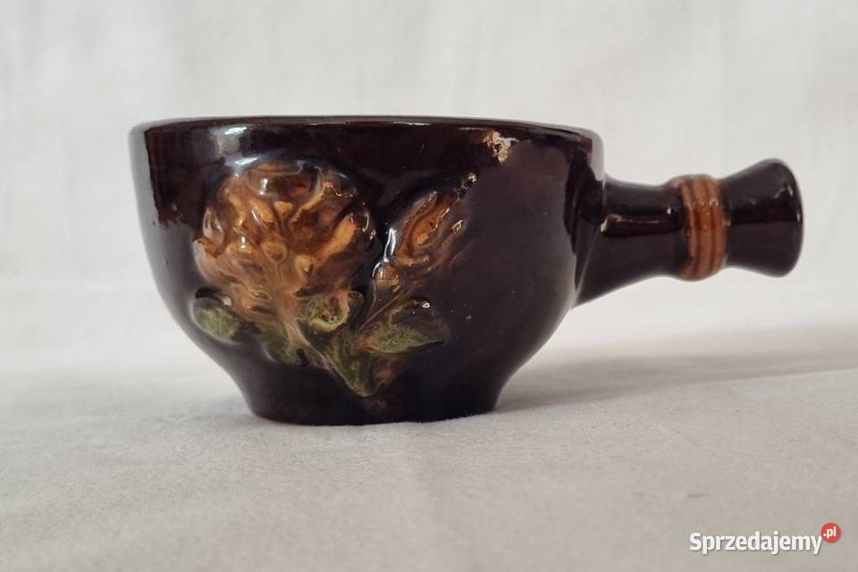 Małe ceramiczne ozdobne naczynie z rączką PRL brązowy Warszawa